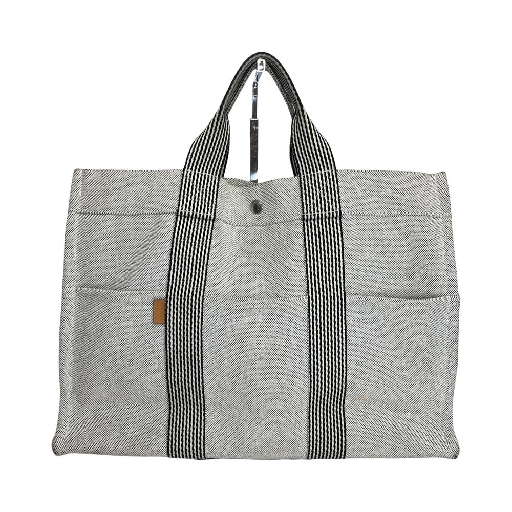 Hermès Canvas Fourre Tout MM Tote Bag Gray Stripe Web Handles Large Authentic